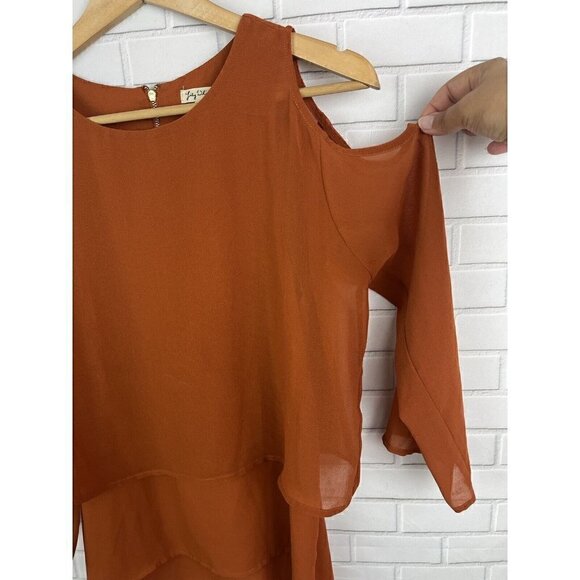 Lily White Womens Cold Shoulder Burnt Orange Rust Layered Shirt Blouse Small - Picture 2 of 16